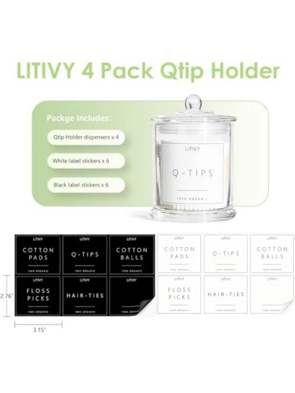 4 Pack Clear Glass Bathroom Organizers - Qtip Holder & Cotton Pad Dispenser